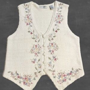 VINTAGE cottage flower garden embroidered knit sweater cardigan vest pastel 90s